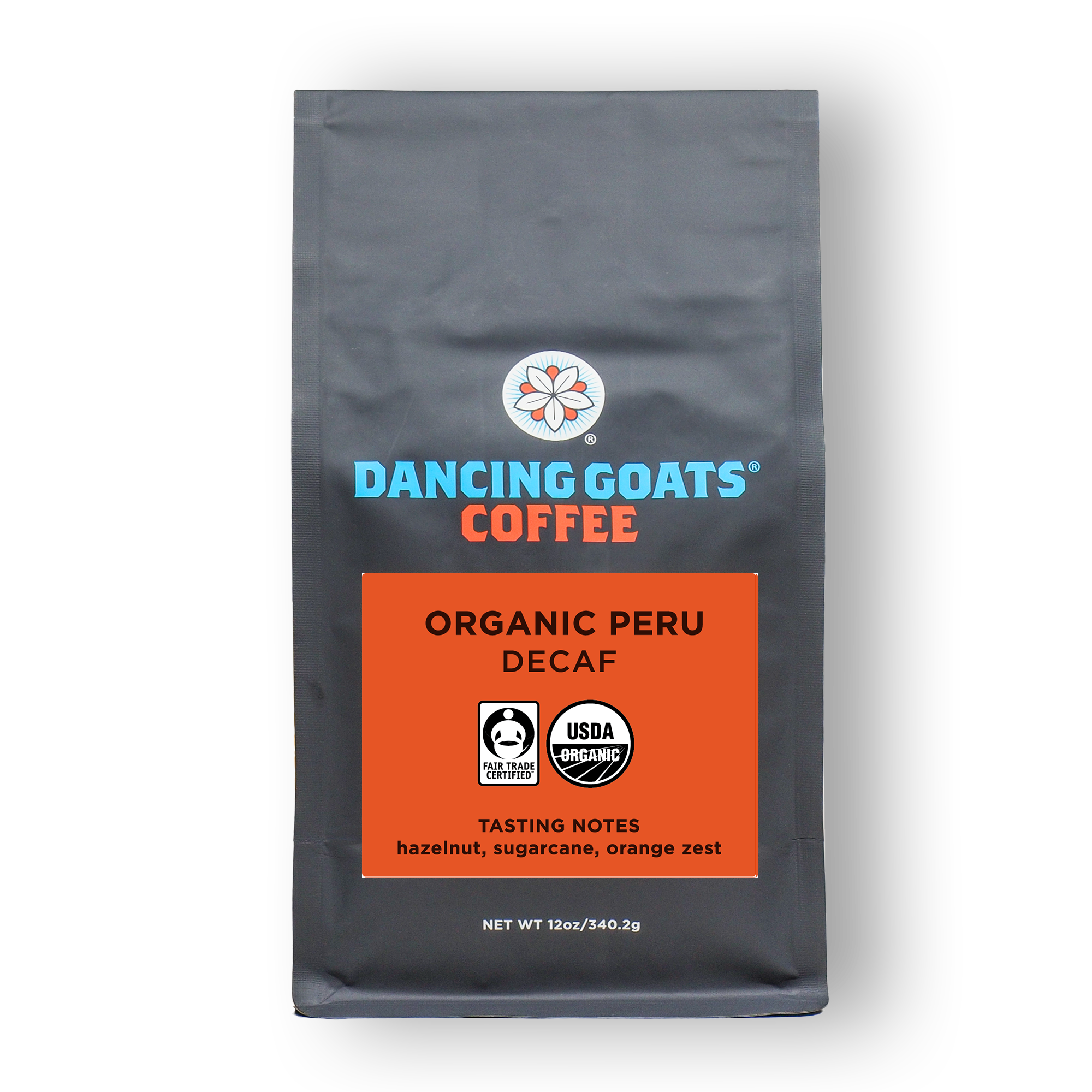 Dancing Goats Coffee Organic Peru Decaf package on a white background