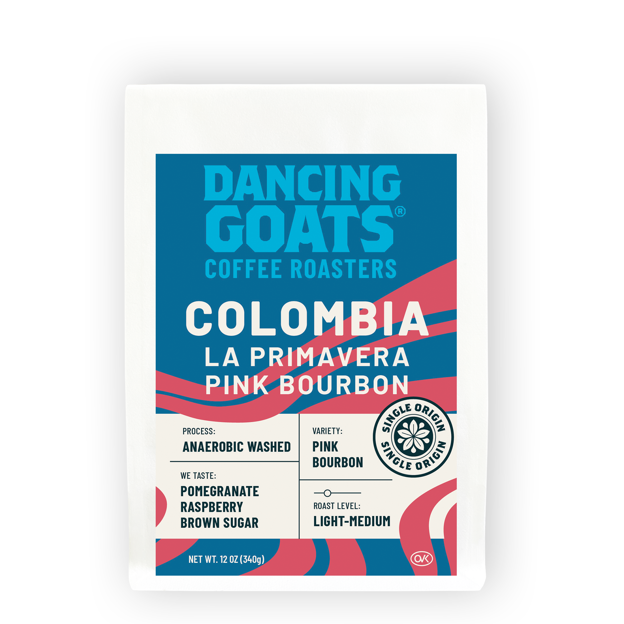 image of white coffee bag with label: colombia la primavera pink bourbon