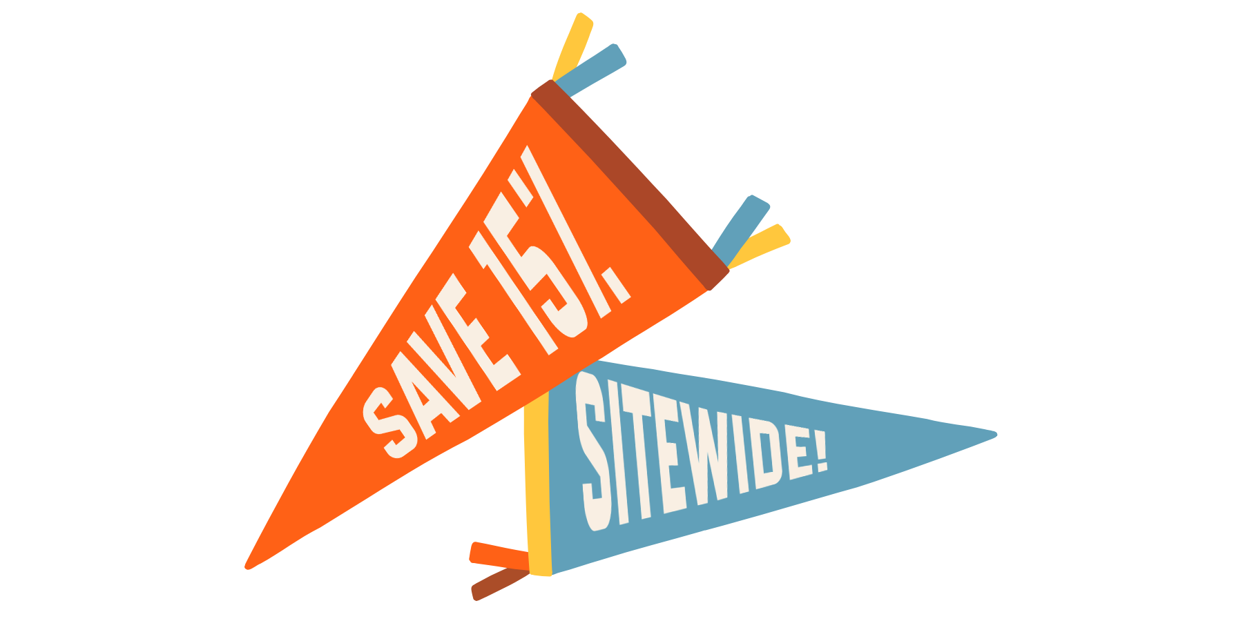 Colorful pennant banner with 'SAVE 15% SITEWIDE!' text on a white background