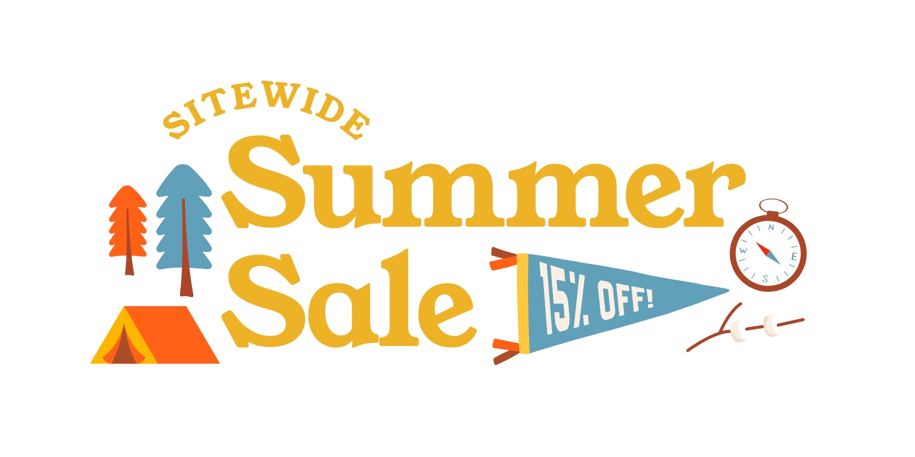 Sitewide Summer Sale banner with camping-themed graphics on a white background