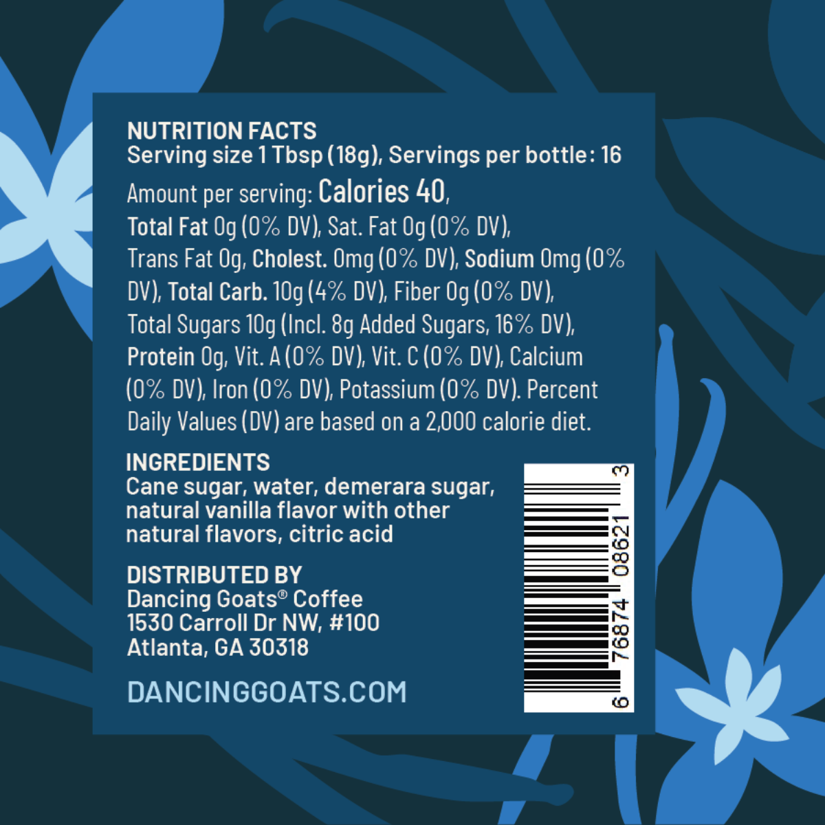 Back of a Dancing Goats coffee bottle showing nutrition facts, ingredients, and a barcode on a dark blue background with light blue floral silhouettes.