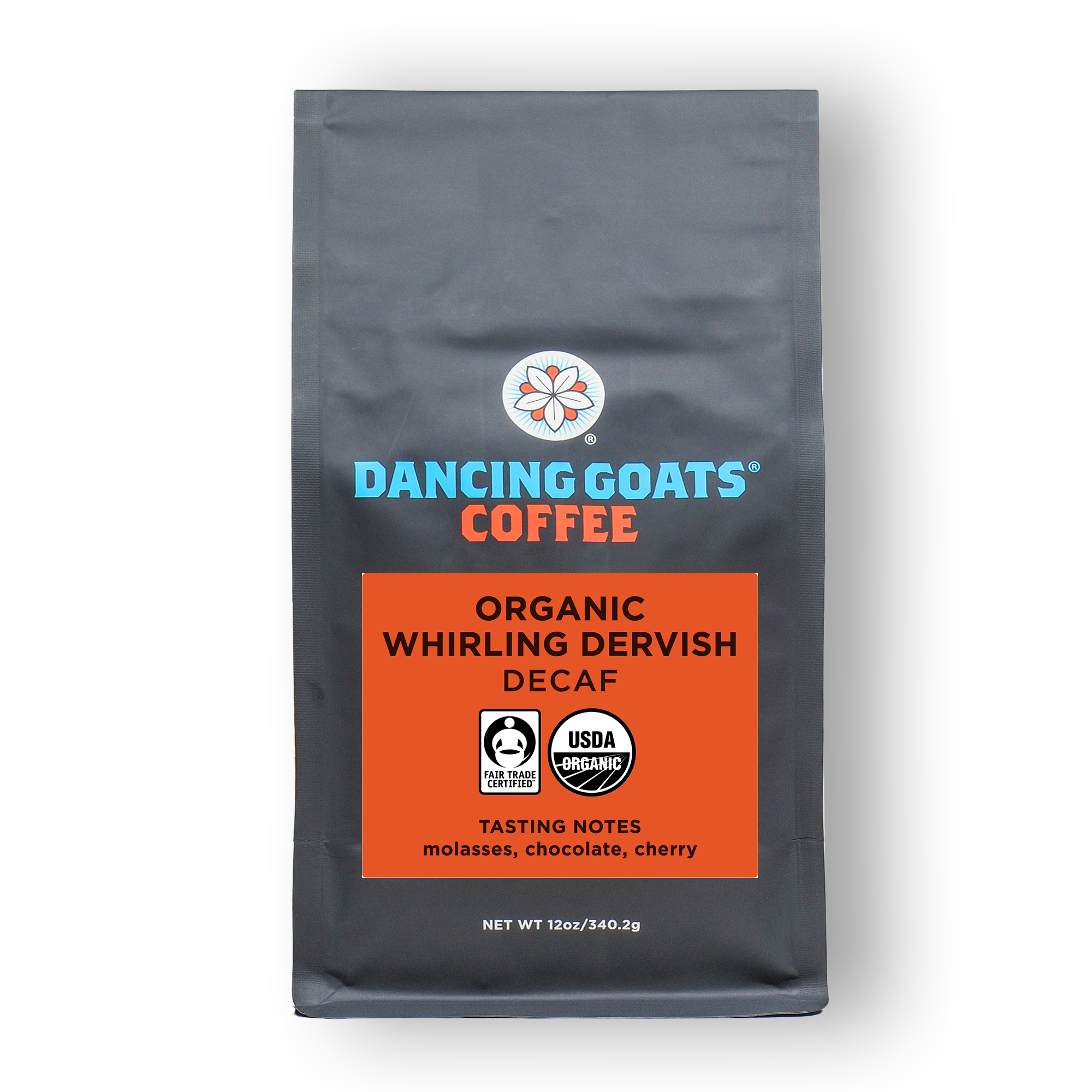 Dancing Goats Coffee Organic Whirling Dervish Decaf package on a white background