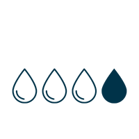 Four water droplet icons in a row on a white background, with three outlined droplets and one filled dark teal droplet.