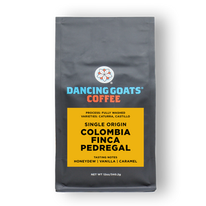 Dancing Goats Coffee bag with Colombia Finca Pedregal on a white background