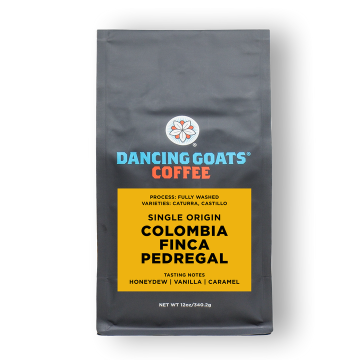 Dancing Goats Coffee bag with Colombia Finca Pedregal on a white background