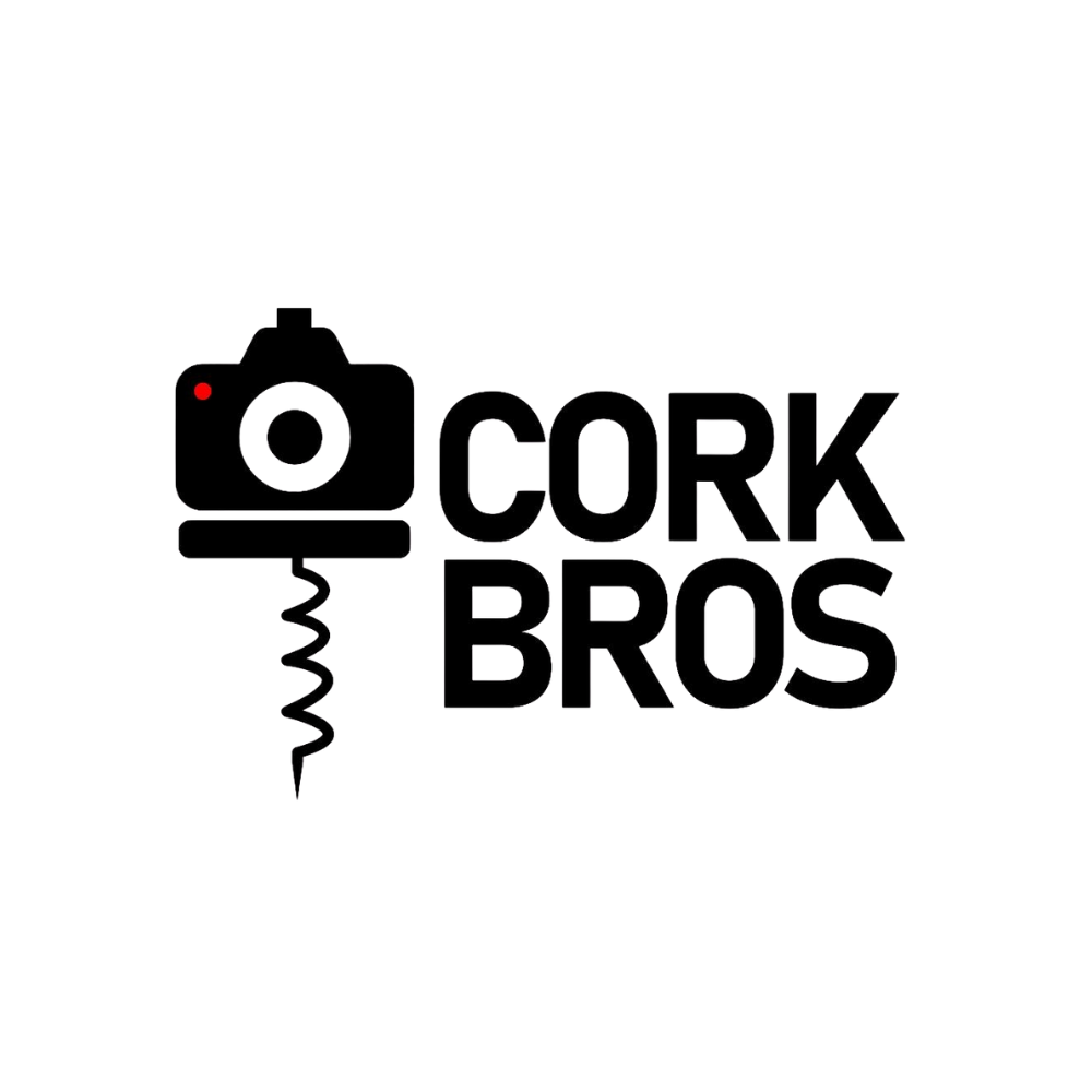Logo of Cork Bros with a camera and corkscrew design on a white background
