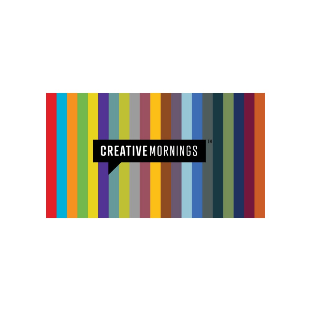Colorful striped design with 'Creative Mornings' text on a white background