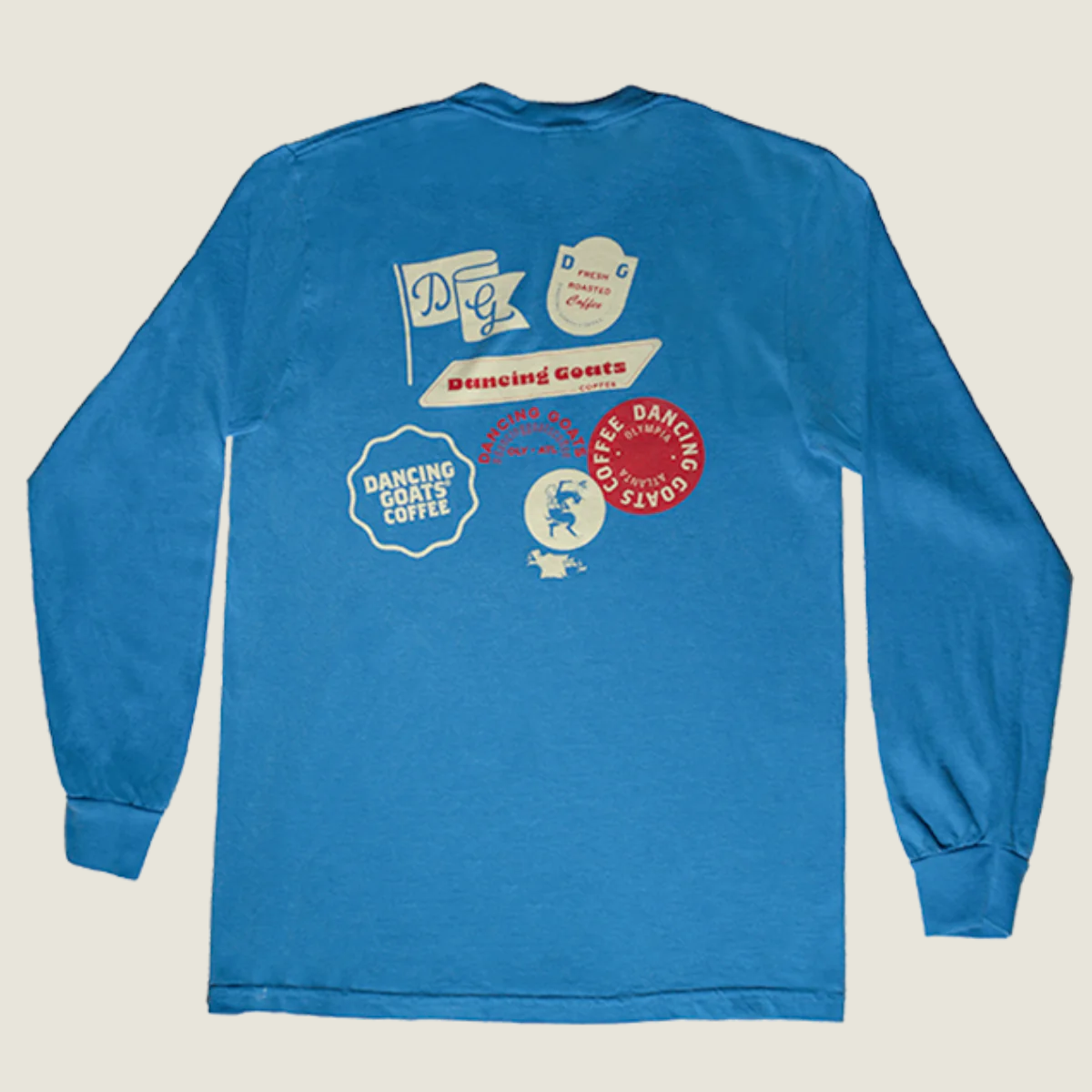 Dancing Goats bright blue long sleeve tee - back side