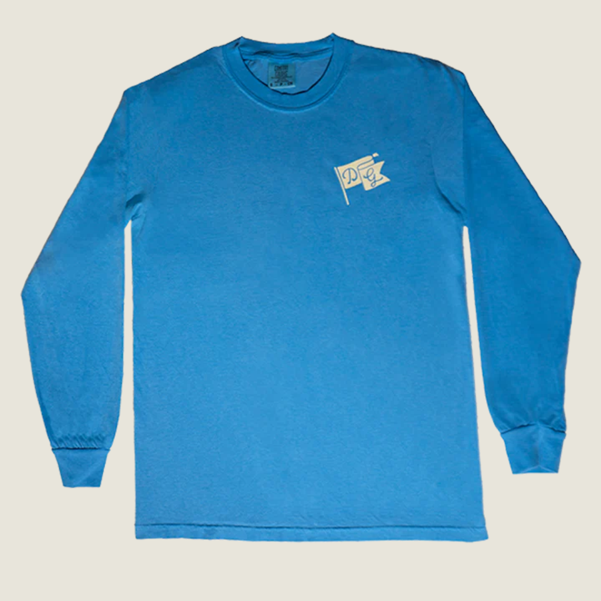 Dancing Goats bright blue long sleeve tee - front side