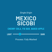 Coffee label for Mexico Sicobi with flavor notes and process description on a blue background