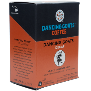 5-Pack of Steeped Decaf Dancing Goats®.  This single-serve option coffee is an environmentally responsible, solution focused on exceptional coffee in a fully compostable package. Ethically-sourced, Dancing Goats® Coffee is micro-batched, locally roasted, and nitrogen-sealed in Guilt-Free Packaging™.  All you need to brew is hot water and a mug.