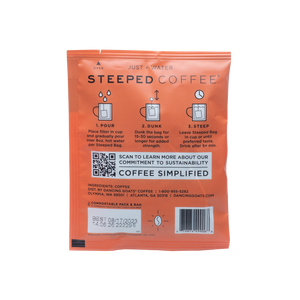 5-Pack of Steeped Decaf Dancing Goats®.  This single-serve option coffee is an environmentally responsible, solution focused on exceptional coffee in a fully compostable package. Ethically-sourced, Dancing Goats® Coffee is micro-batched, locally roasted, and nitrogen-sealed in Guilt-Free Packaging™.  All you need to brew is hot water and a mug.