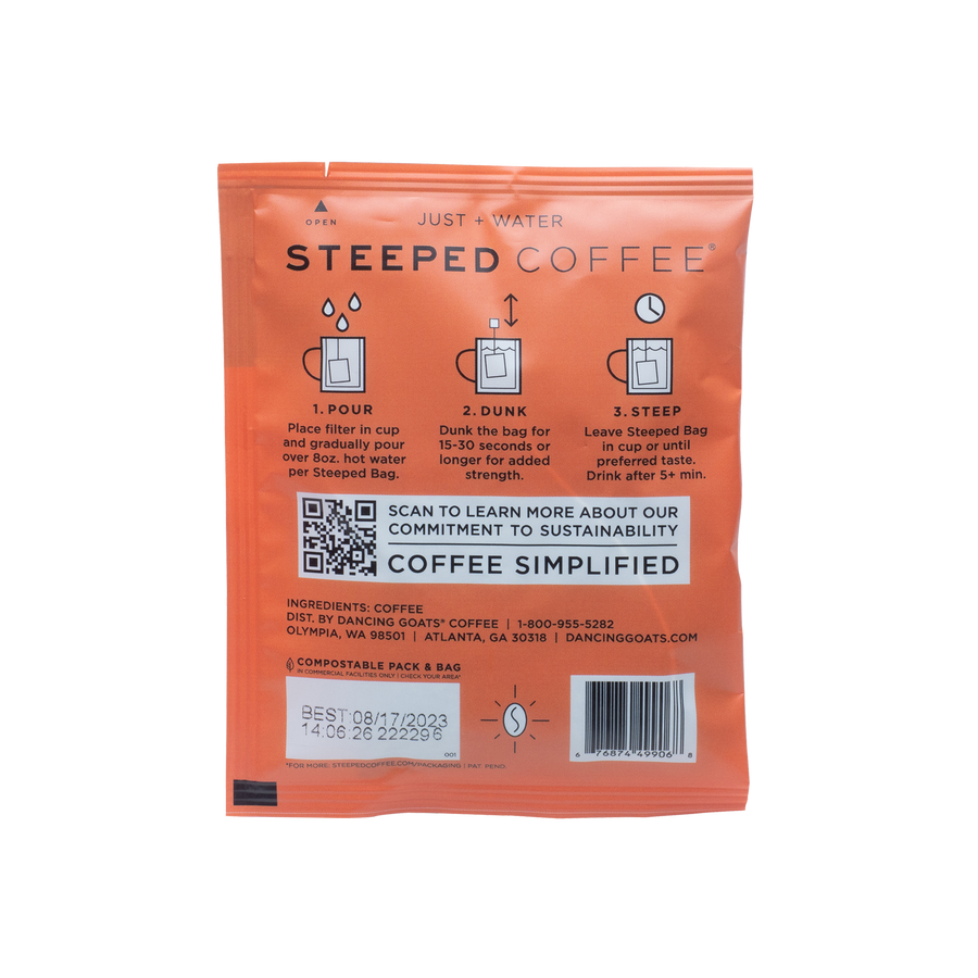 5-Pack of Steeped Decaf Dancing Goats®.  This single-serve option coffee is an environmentally responsible, solution focused on exceptional coffee in a fully compostable package. Ethically-sourced, Dancing Goats® Coffee is micro-batched, locally roasted, and nitrogen-sealed in Guilt-Free Packaging™.  All you need to brew is hot water and a mug.