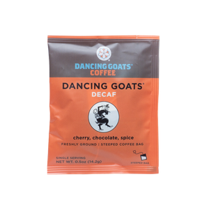 5-Pack of Steeped Decaf Dancing Goats®.  This single-serve option coffee is an environmentally responsible, solution focused on exceptional coffee in a fully compostable package. Ethically-sourced, Dancing Goats® Coffee is micro-batched, locally roasted, and nitrogen-sealed in Guilt-Free Packaging™.  All you need to brew is hot water and a mug.