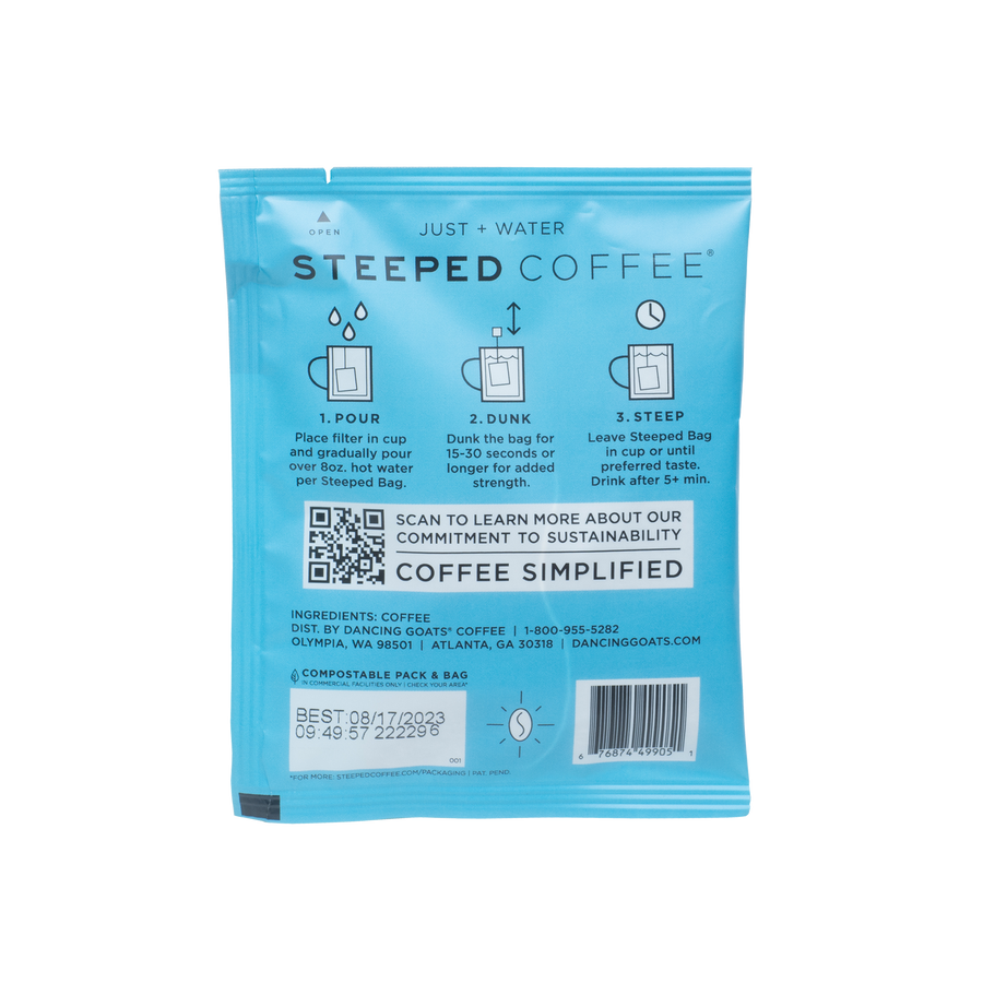 5-Pack of Steeped Dancing Goats®.  This single-serve option coffee is an environmentally responsible, solution focused on exceptional coffee in a fully compostable package. Ethically-sourced, Dancing Goats® Coffee is micro-batched, locally roasted, and nitrogen-sealed in Guilt-Free Packaging™.  All you need to brew is hot water and a mug.