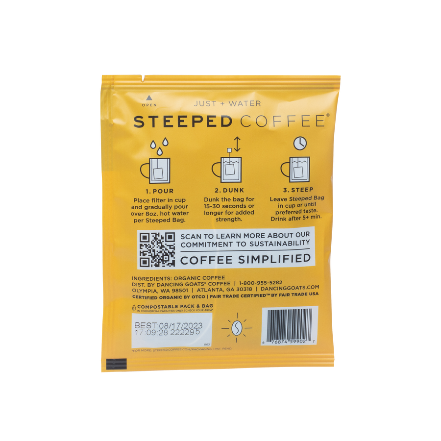 5-Pack of Steeped French Roast.  This single-serve option coffee is an environmentally responsible, solution focused on exceptional coffee in a fully compostable package. Ethically-sourced, Dancing Goats® coffee is micro-batched, locally roasted, and nitrogen-sealed in Guilt-Free Packaging™.  All you need to brew is hot water and a mug.