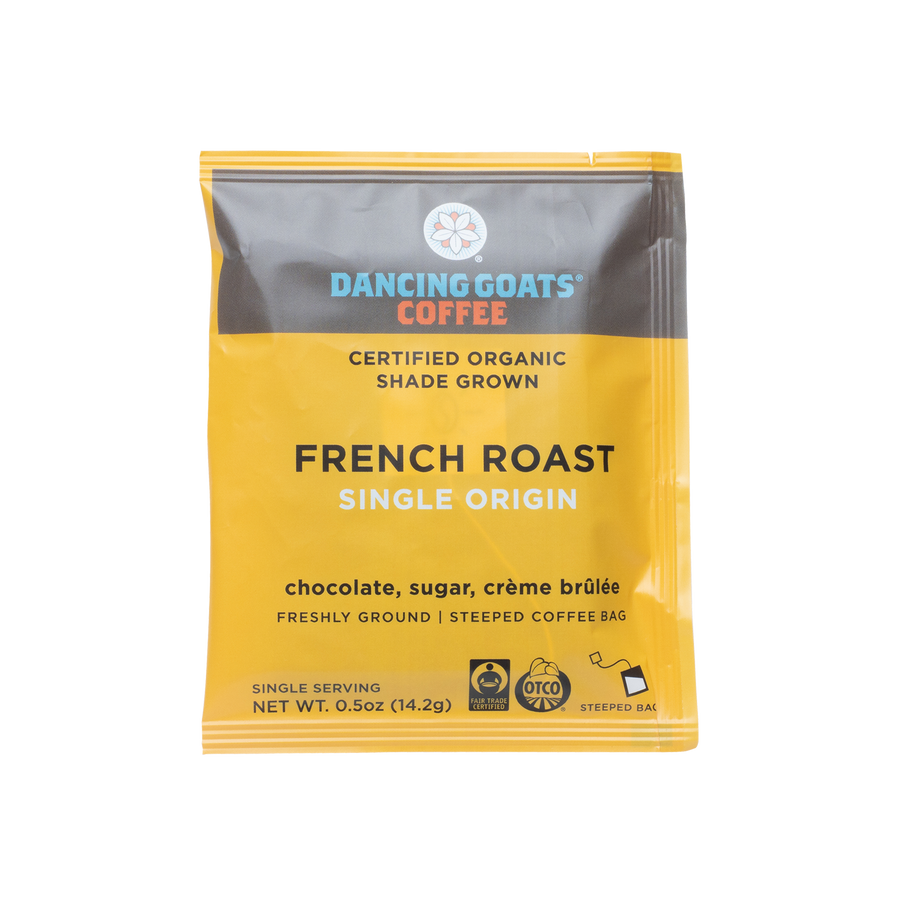 5-Pack of Steeped French Roast.  This single-serve option coffee is an environmentally responsible, solution focused on exceptional coffee in a fully compostable package. Ethically-sourced, Dancing Goats® coffee is micro-batched, locally roasted, and nitrogen-sealed in Guilt-Free Packaging™.  All you need to brew is hot water and a mug.