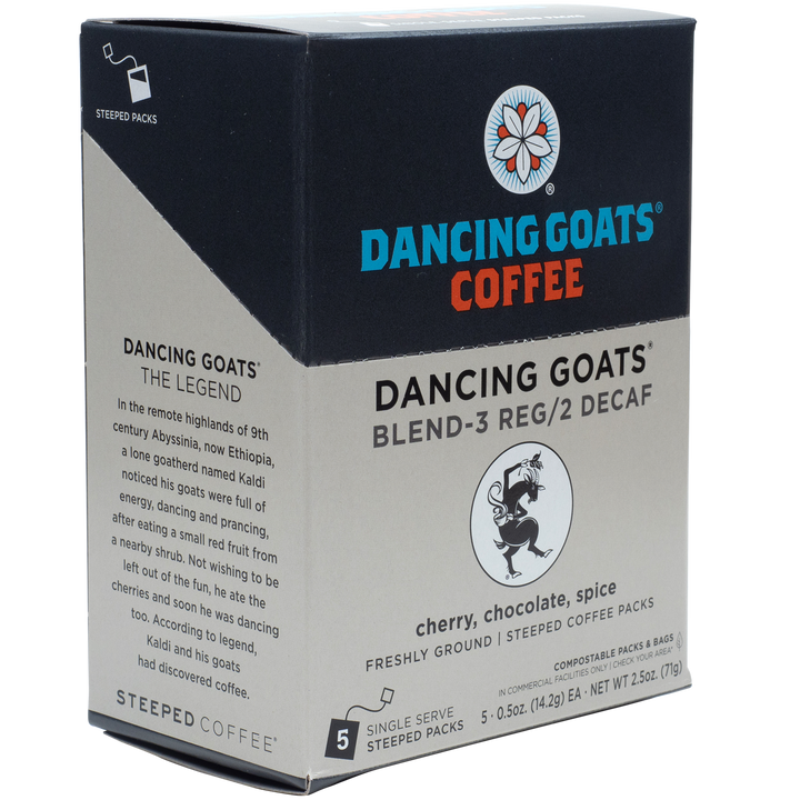 5-Pack of Steeped Dancing Goats® and Dancing Goats® Decaf.  This single-serve option coffee is an environmentally responsible, solution focused on exceptional coffee in a fully compostable package. Ethically-sourced, Dancing Goats® coffee is micro-batched, locally roasted, and nitrogen-sealed in Guilt-Free Packaging™.  All you need to brew is hot water and a mug.